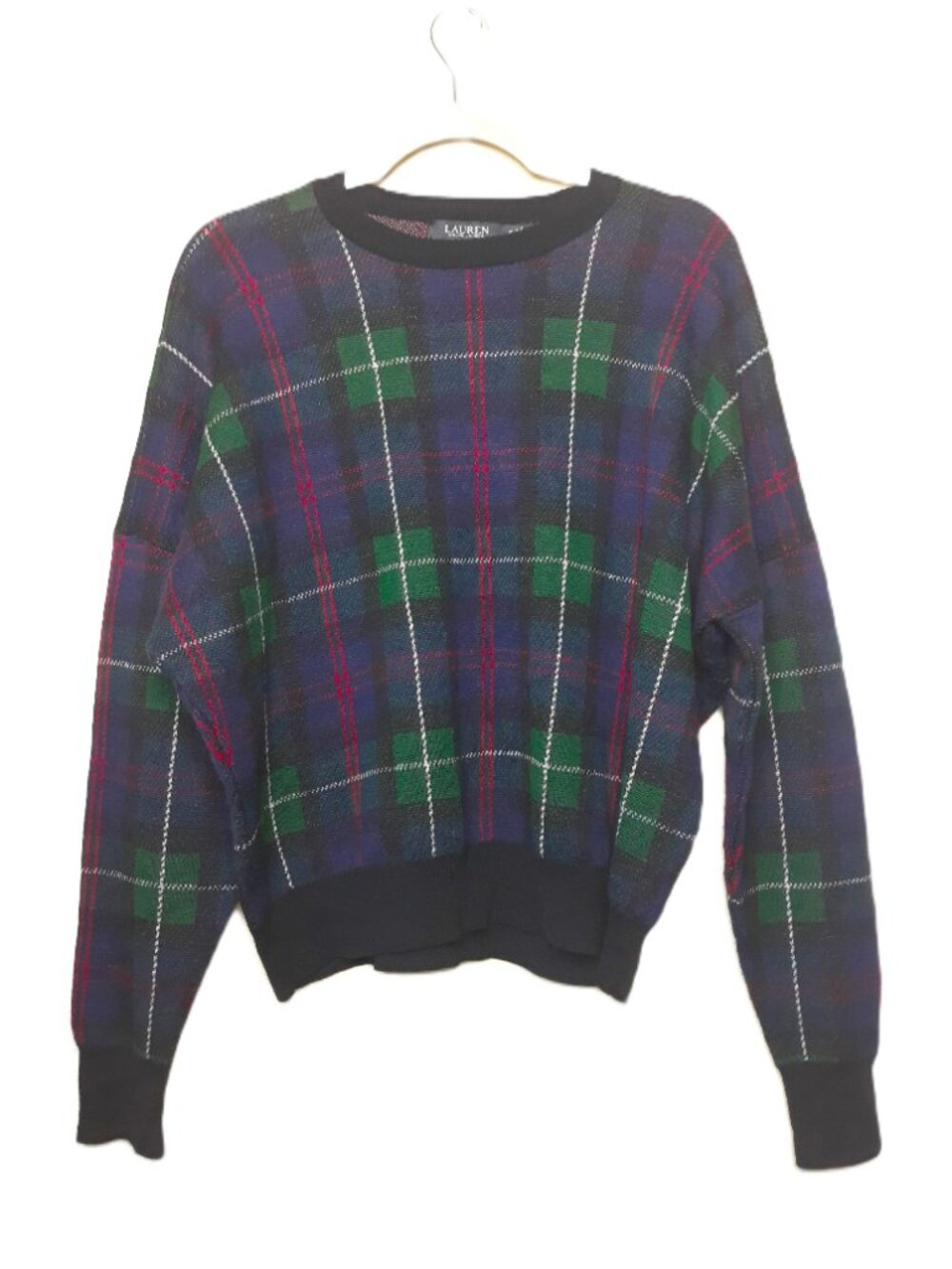 Lauren Ralph Lauren Preppy Plaid Wool Sweater XL Drop Shoulder